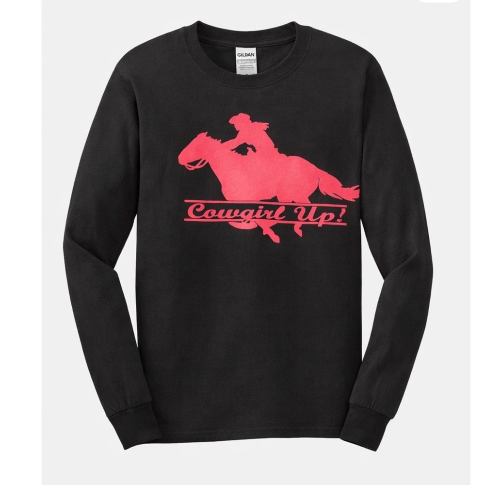 Gildan Cowgirl Up Long Sleeve Graphic T-Shirt Black Pink Horse Western Medium - Picture 1 of 7